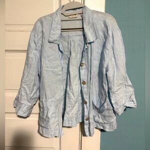 Orvis Light Blue Button-Up Linen Three Quarter Length Blouse